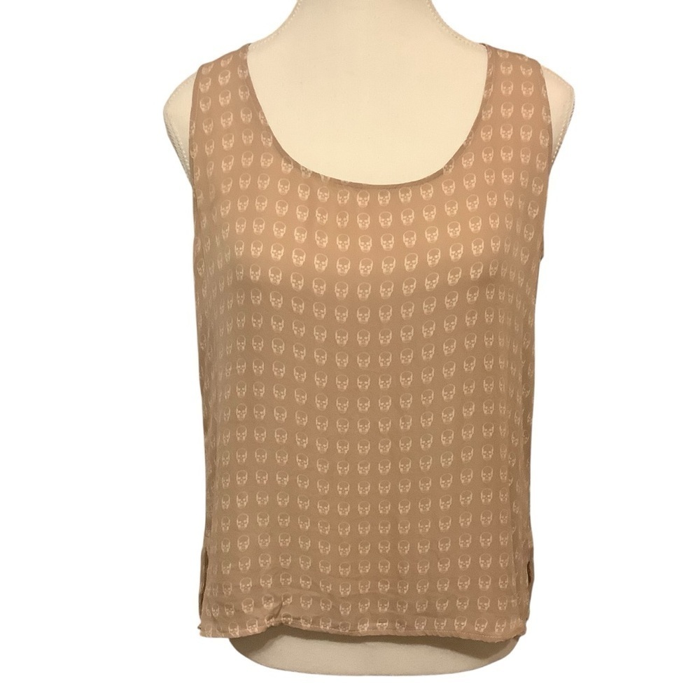 E.VIL 100% SILK TAN & WHITE SKULL PRINT TANK TOP/ Size S